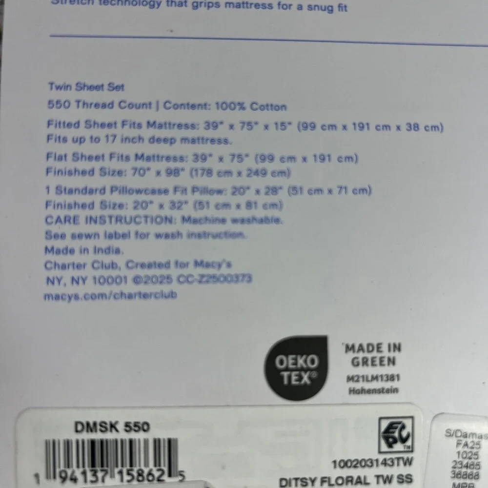 Charter Club Damask Collection Ditsy Floral Twin Sheet Set 550 TC Cotton NIP‎